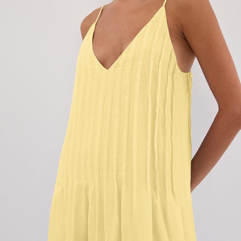 Yellow Cotton Maxi Dress Pleated Bodice V Neck Spaghetti Strap Spring Summer - Picture 2 of 7